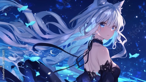 Anime Girl with White Hair and Fox Ears in a Mystical Blue Ocean Scene