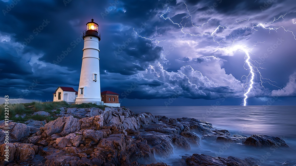 Obraz premium Dramatic Lighthouse Under Stormy Sky with Lightning Strikes