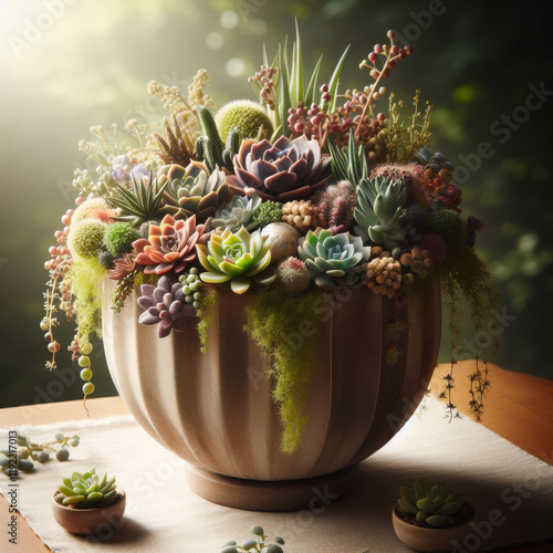 Large vase filled with a variety of plants, including succulents and cacti photo