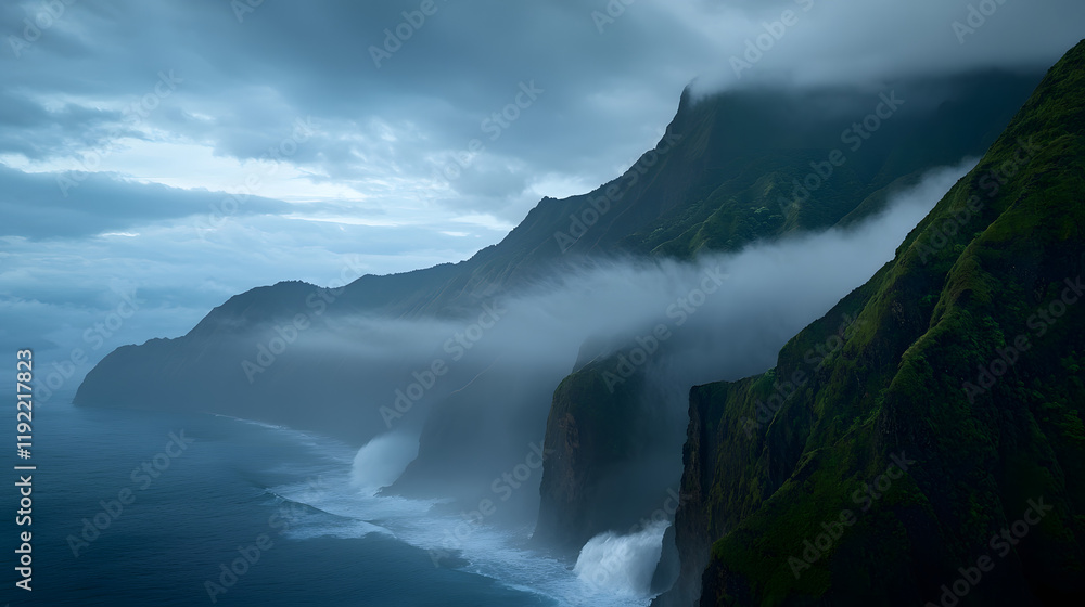 Majestic Coastal Cliffs Resilient Against Strong Winds and Waves Under Dramatic Sky Majestic Coastal Cliffs Resilient Against Strong Winds and Waves Under Dramatic Sky
