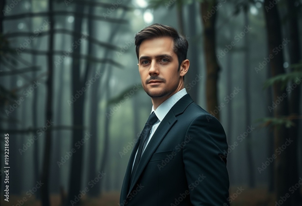 Professional in business suit standing in forest Professional in business suit standing in forest