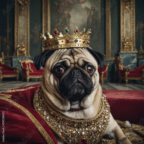 A surreal illustration of a pug wearing a crown in a royal palace.