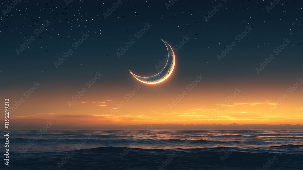 Fototapeta premium Crescent moon over calm ocean at sunset.