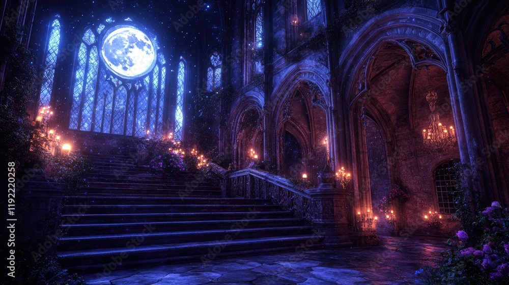 Fototapeta premium fantasy-themed scene with a grand staircase leading up to an ornate balcony