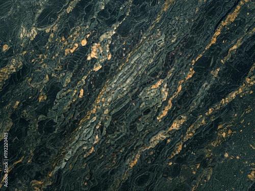 Close-up of dark green and black marble surface with intricate gold and white veining, creating a luxurious, elegant pattern. Perfect for interior design and decorative projects