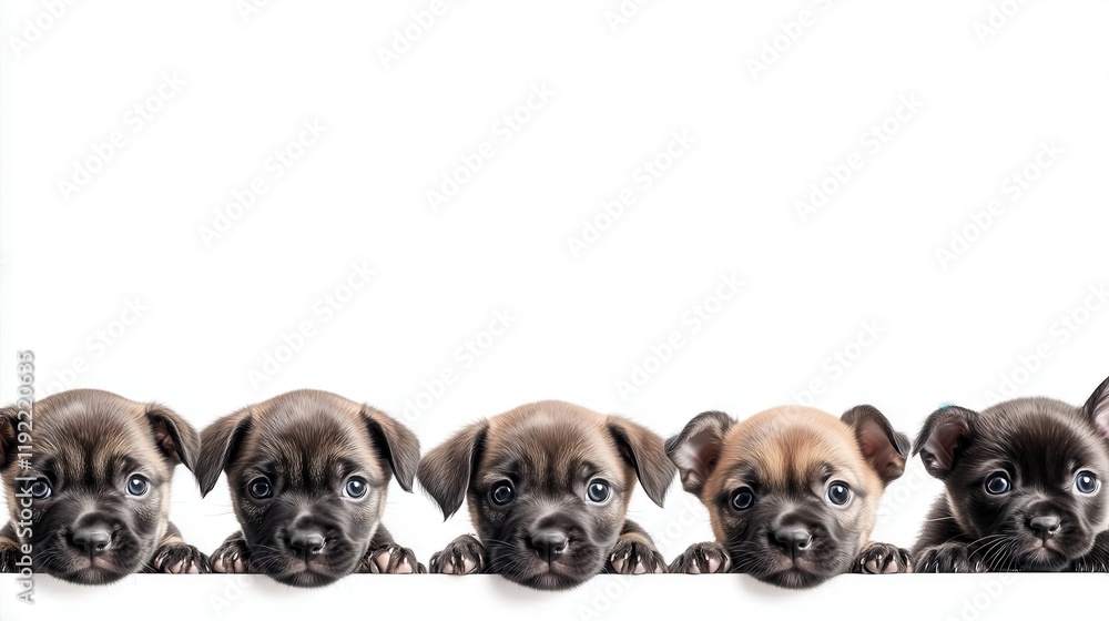 Fototapeta premium Adorable Puppies Lined Up Against White Background Displaying Innocent Expressions with Curious Eyes