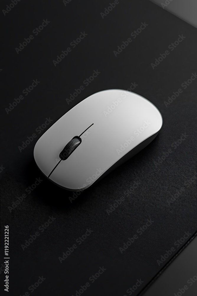 White wireless computer mouse on black pad. White wireless computer mouse on black pad.