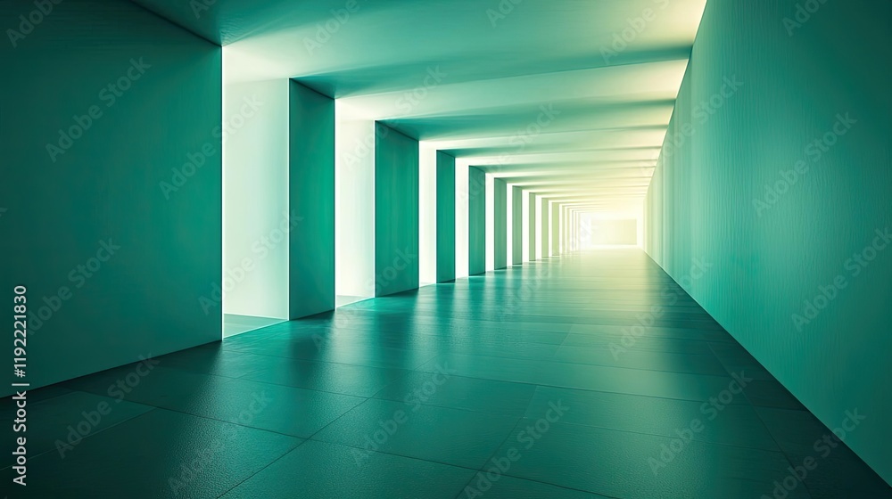 Fototapeta premium Symmetry gradient idea. A modern corridor illuminated with soft turquoise lighting and minimalistic design.