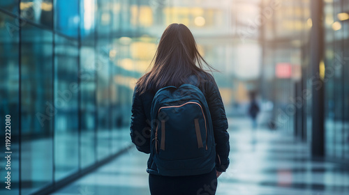 Person walking in modern glass corridor with reflection