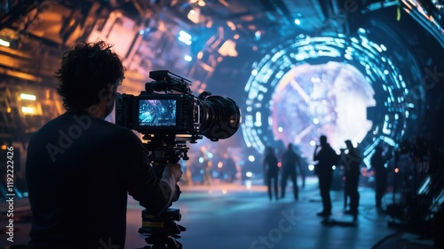 Cameraman Filming a Sci-Fi Set With Futuristic Light Effects