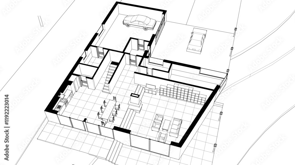 house traditional architecture plan 3d illustration
house traditional architecture plan 3d illustration