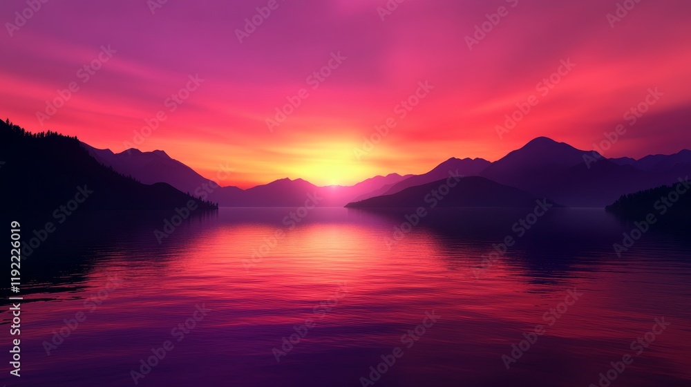 A serene sunset over a calm lake, surrounded by mountains, creating a tranquil atmosphere. A serene sunset over a calm lake, surrounded by mountains, creating a tranquil atmosphere.