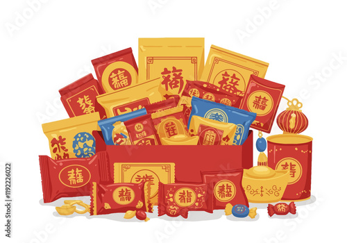 Chinese New Year Gift Hamper. A festive hamper filled with snacks, sweets, tea, and other treats. Vector illustration design. photo