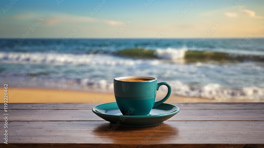 A cup of coffee on the beach with a saucer, spoon, and plate, placed on a table, surrounded by the morning atmosphere A cup of coffee on the beach with a saucer, spoon, and plate, placed on a table, surrounded by the morning atmosphere