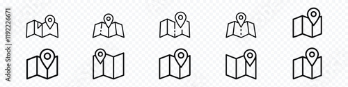 Map icon, map and pin icon, Location on map, linear style icon. specific location marked on a map.