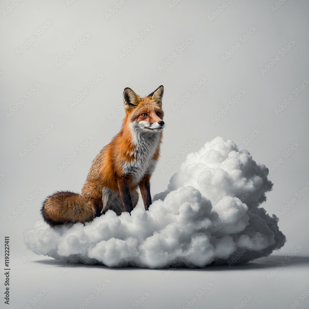 A fox sitting on a floating cloud on a white background. A fox sitting on a floating cloud on a white background.