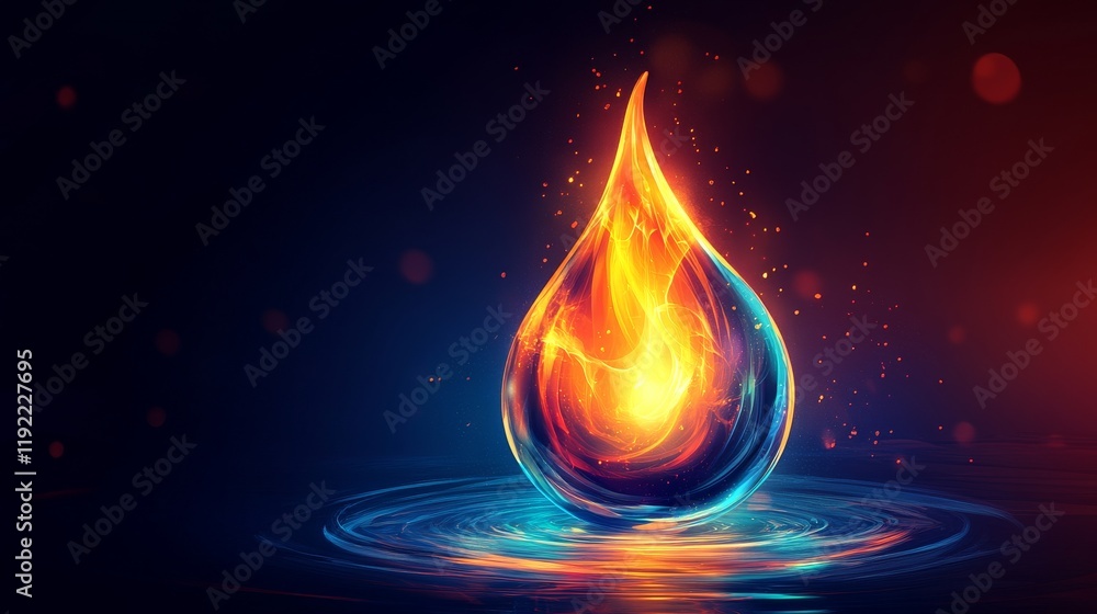 Burning water drop creating waves of energy and light Burning water drop creating waves of energy and light
