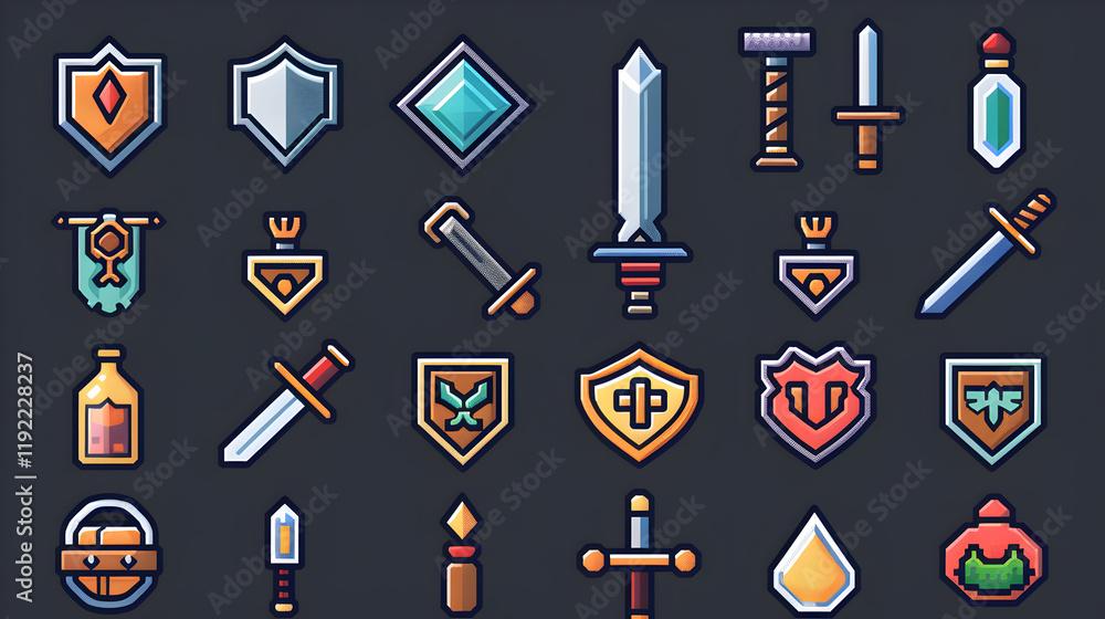 Pixel Art Game Assets Swords Shields Potions Banners Pixel Art Game Assets Swords Shields Potions Banners