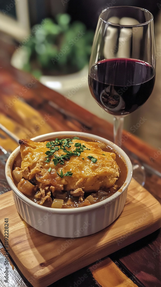 Chicken Cobbler paired with a glass of red wine for a cozy dinner. Chicken Cobbler paired with a glass of red wine for a cozy dinner.