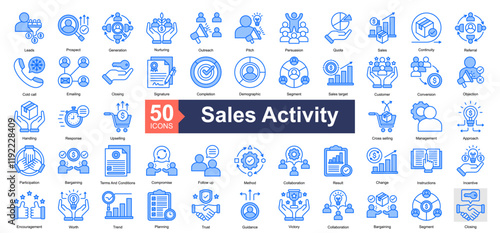 Sales Activity Icon Collection Set.Containing Leads, Prospect, Generation, Nurturing, Outreach, Pitch, Persuasion, Quota icon. Simple blue style Vector Illustration.