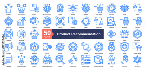 Product Recommendation Icon Collection Set.Containing Algorithm, Upselling, Cross selling, Real time, Bundle, Pairing, Premium icon. Simple blue style Vector Illustration.