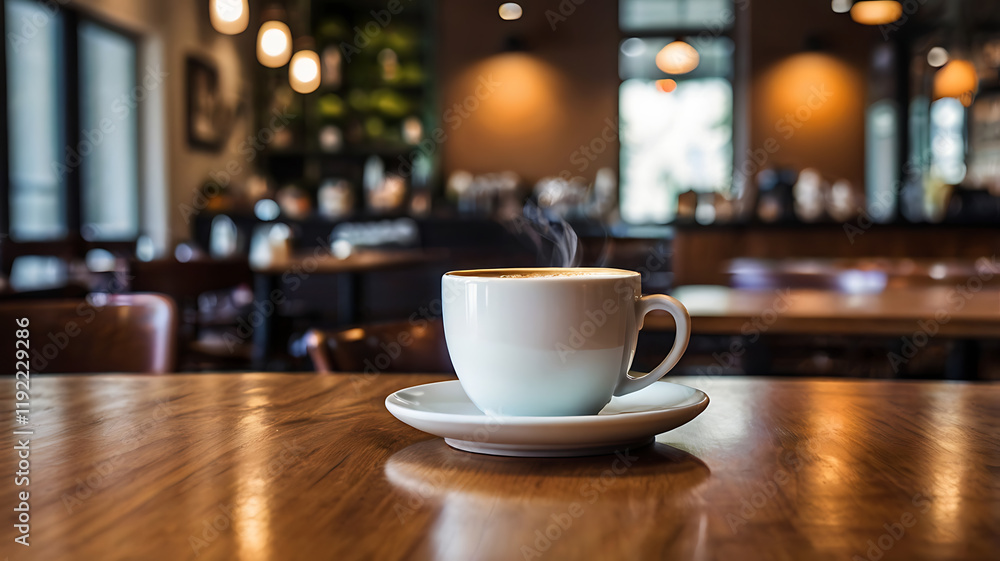 A cup of coffee on a table in a cafe with a spoon, saucer, and wooden interior A cup of coffee on a table in a cafe with a spoon, saucer, and wooden interior