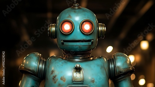 Vintage robot with glowing red eyes. photo