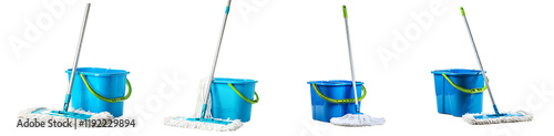 Tableau sur toile Cleaning Supplies: Blue Buckets and Mops on Black Background
