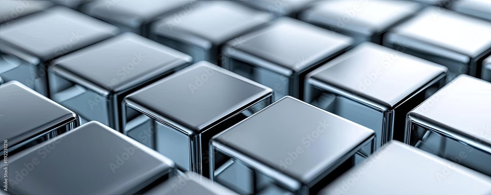 Obraz premium Minimal symmetry concept. Close-up view of metallic cubes reflecting light in a modern design.