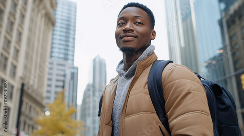 Confident young professional in casual wear against urban backdrop