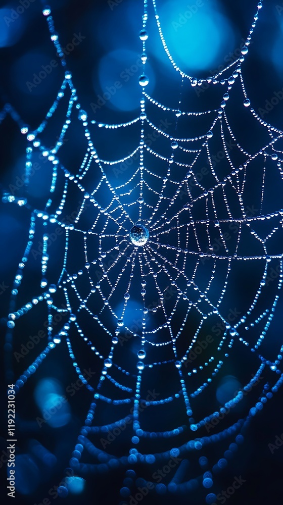 Fototapeta premium spider web with dew drops on blue background, close up