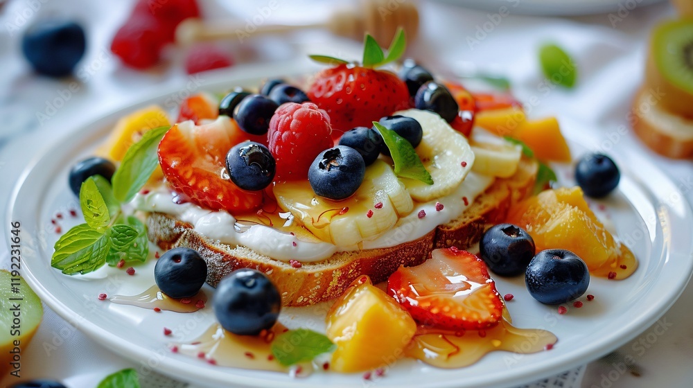 Fresh fruits and Greek yogurt with honey and crispy toast Fresh fruits and Greek yogurt with honey and crispy toast