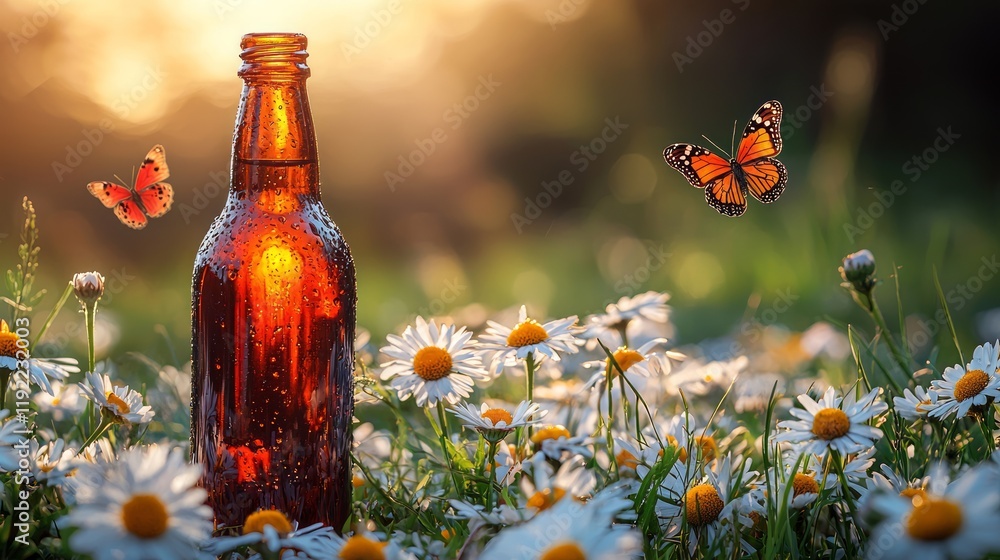 custom made wallpaper toronto digitalSunset beer bottle in daisy field, butterflies flying, nature background; ideal for drink advertisement