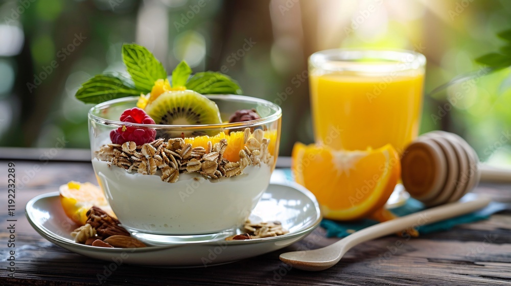 Healthy Greek yogurt dish with fruits, honey, and a glass of orange juice Healthy Greek yogurt dish with fruits, honey, and a glass of orange juice
