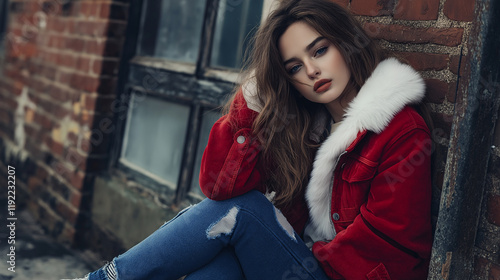 Woman in red winter coat against brick wall