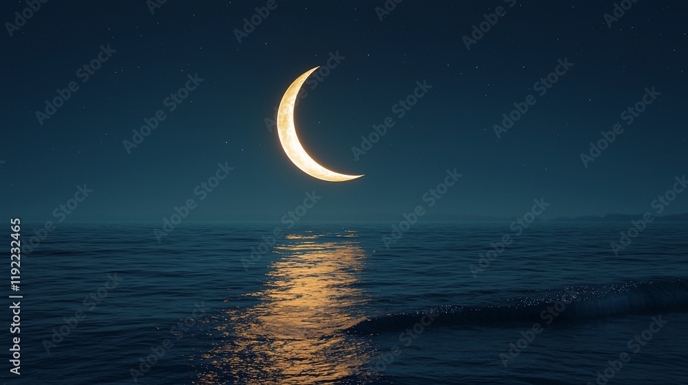 Crescent moon glowing over calm ocean at night. Crescent moon glowing over calm ocean at night.