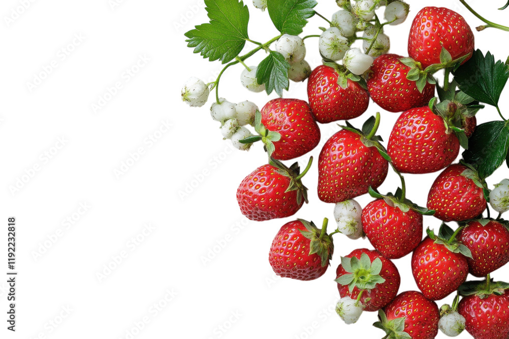 Fresh strawberries and flowering plants arranged beautifully on a white background Fresh strawberries and flowering plants arranged beautifully on a white background