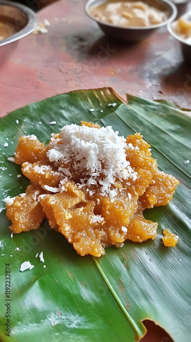 Thiruvathirai Kali served on a banana leaf with jaggery chunks and coconut flakes. photo