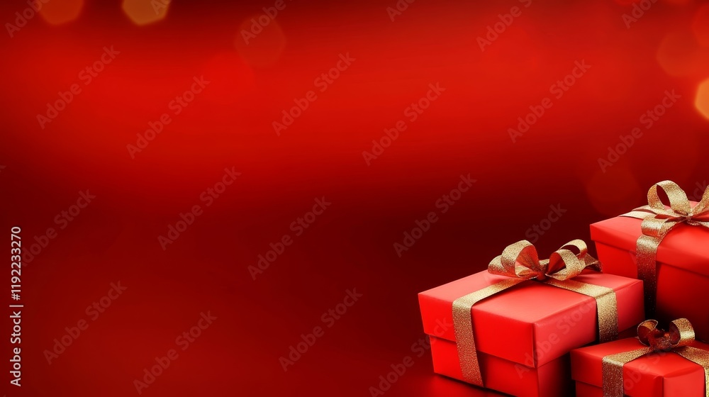 A festive arrangement of red gift box with bows on a vibrant red background. A festive arrangement of red gift box with bows on a vibrant red background.