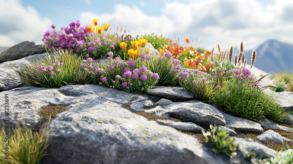 Obraz premium Creative visualization of alpine plants thriving rocky terrains with colorful blooms
