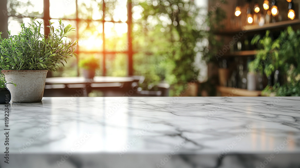 Beautiful marble countertop in a sunlit cafe surrounded by lush greenery Beautiful marble countertop in a sunlit cafe surrounded by lush greenery
