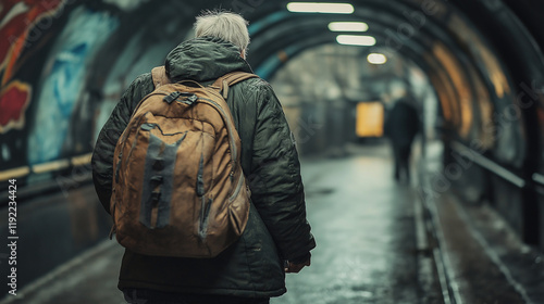 Person walking through urban tunnel with backpack
