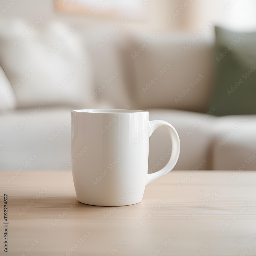 Blank white mug close up mockup on blur living room background. Blank white mug close up mockup on blur living room background.
