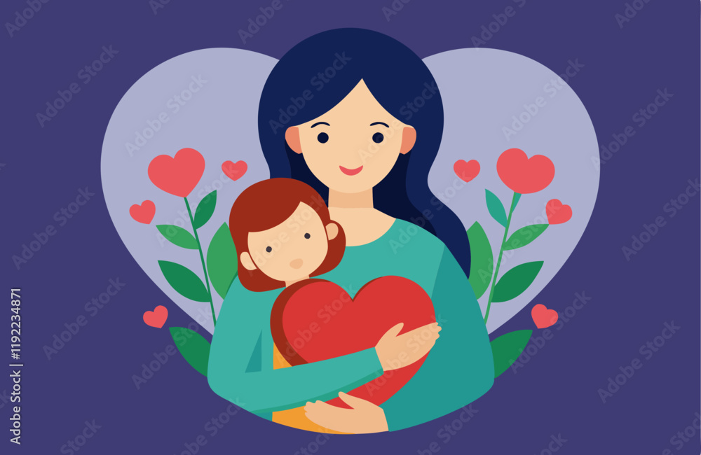 Mother and child embrace with heart and floral elements Mother and child embrace with heart and floral elements