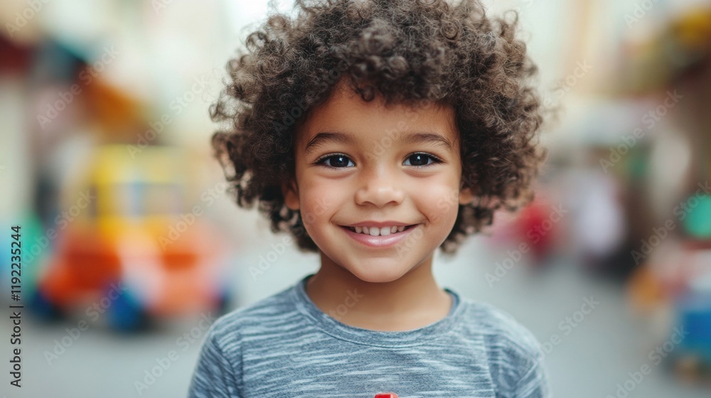 A cheerful child with curly hair beams while holding a toy car, surrounded by a colorful street scene filled with playfulness A cheerful child with curly hair beams while holding a toy car, surrounded by a colorful street scene filled with playfulness