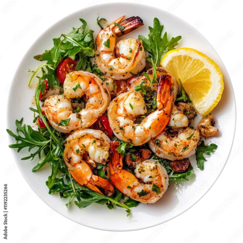 A plate of shrimp and greens with a lemon wedge on the right A plate of shrimp and greens with a lemon wedge on the right