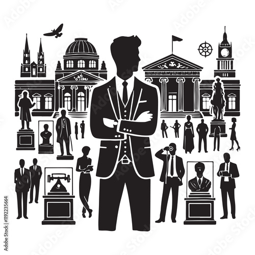 Museum Curator Silhouette Vector Illustration, Solid White Background.