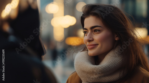 Young woman in winter scarf with gentle smile at dusk