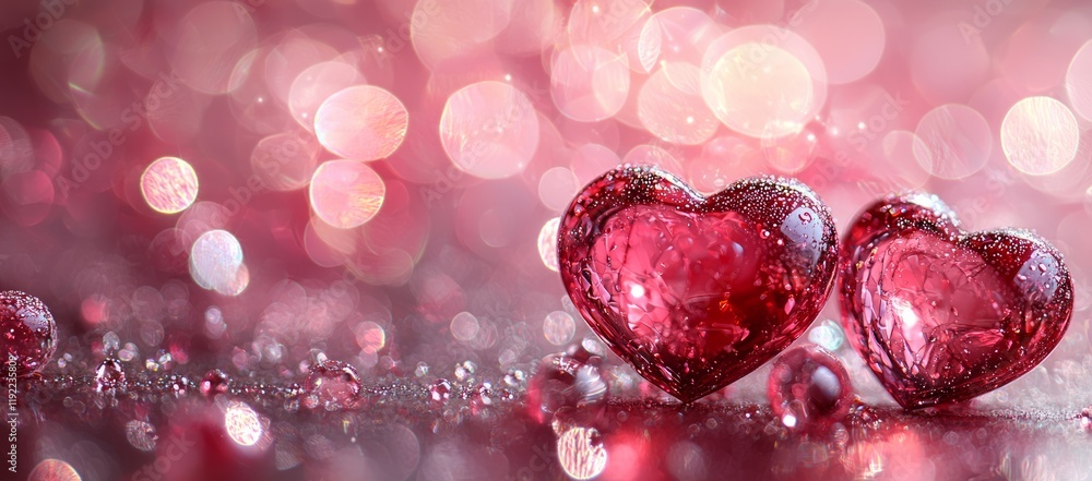 Two red hearts, bokeh background, romance. Valentine's Day card Two red hearts, bokeh background, romance. Valentine's Day card