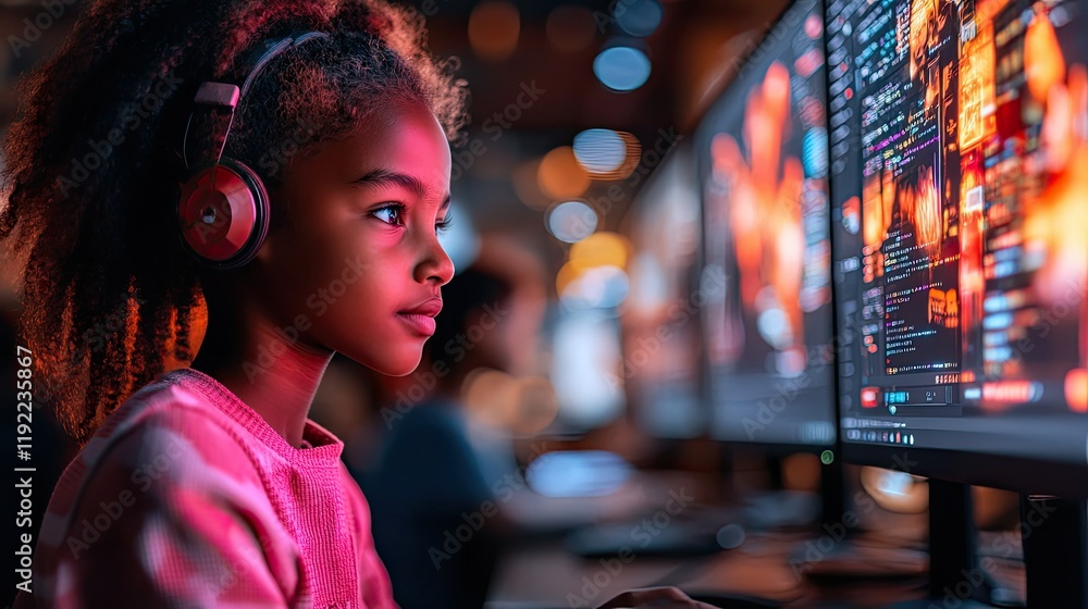 Obraz premium Young Girl Focused On Computer Programming Code